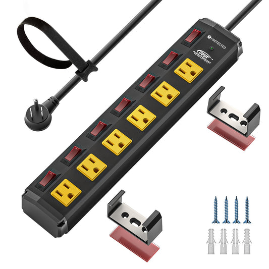 CRST 6-Outlet Metal Power Strip | 6 Individual Switches + Master Switch, Versatile Mounting System, 1200J Surge Protector, 45° Flat Plug, SGS Certified