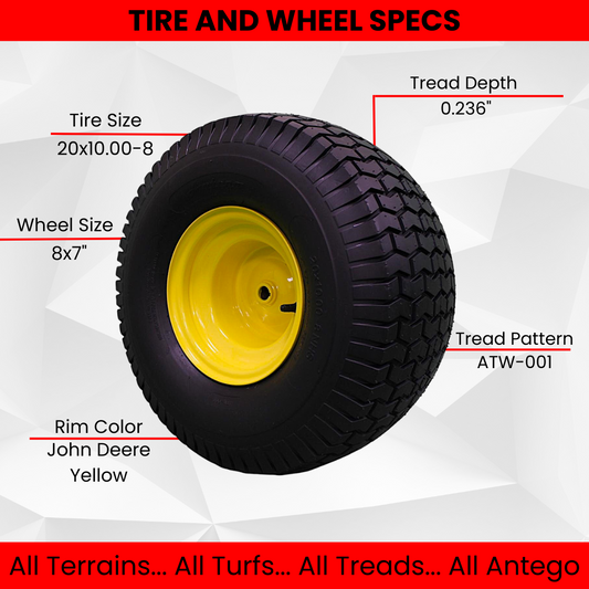 20x10.00-8 Tires with 8x7 John Deere Yellow Wheels 2 Ply for Lawn & Garden Mower Turf Tires (Qty: 1)
