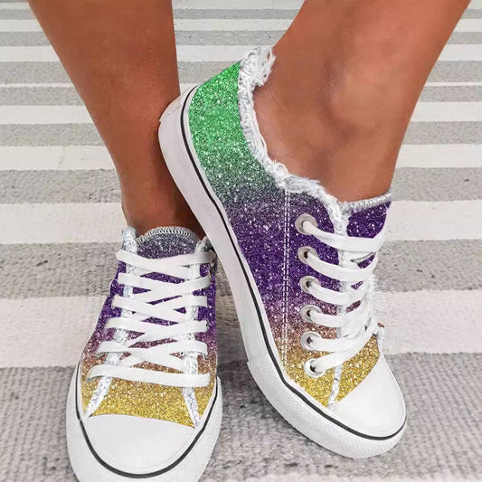 Women's Gradient Floral Canvas Sneakers | Colorblock Lace-Up Casual Flat Shoes