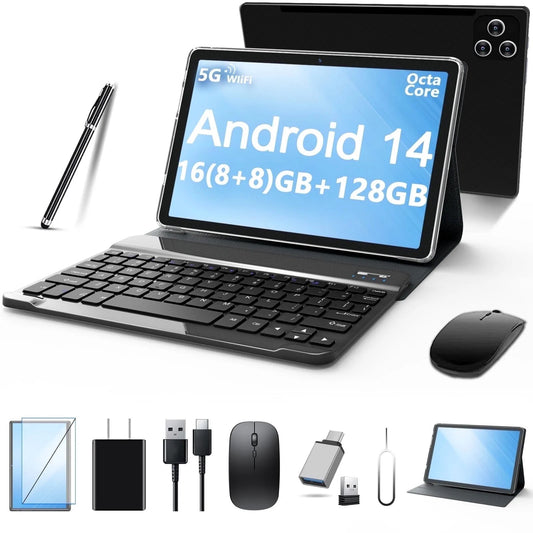 Tablet 2026 Newest Android 14 Tablet, 10 Inch Tablet,5G Wi-Fi Tablet Computer,2 in 1 Tablet with Keyboard, 128GB ROM+16(8+8)GB RAM + 1TB Expand,Octa-Core Processor,1920 * 1200 Ips,Bluetooth,Gps,Black