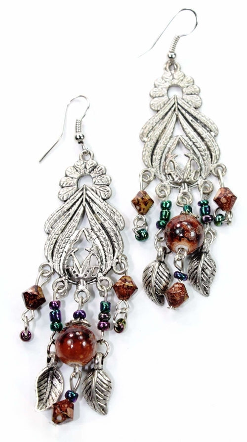 Bohemian Marbled Bead Dangle Earrings With Leaf Charms