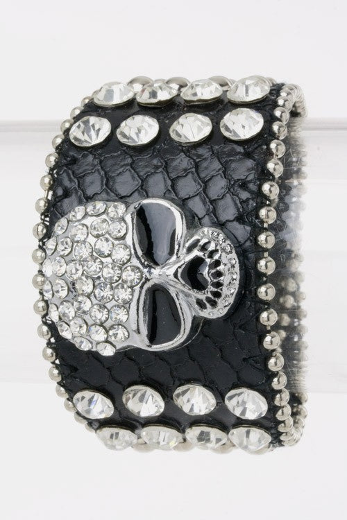 Crystal Skull Leather Bracelet Rhinestone Goth Punk Cuff